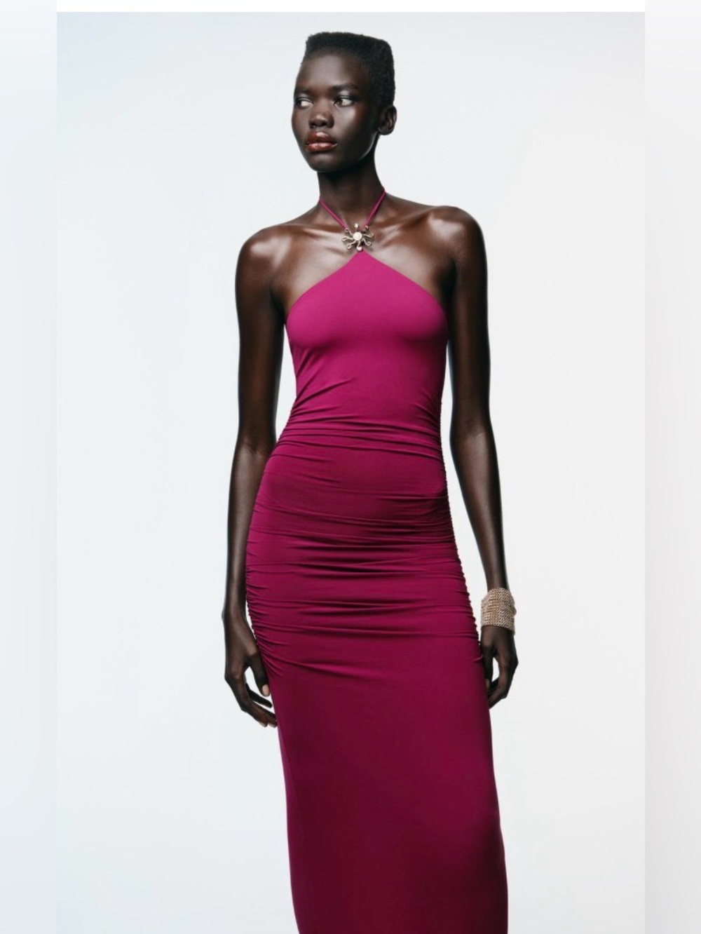 ZARA Ruched Halter Midi Dress in Deep Magenta size medium - Picture 2 of 13